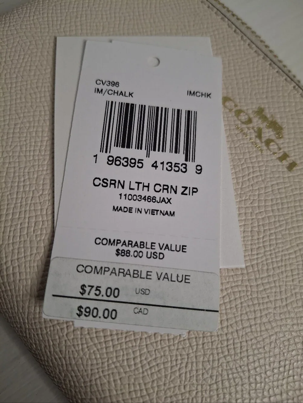 Coach Corner Zip Wristlet Chalk Crossgrain Leather NWT